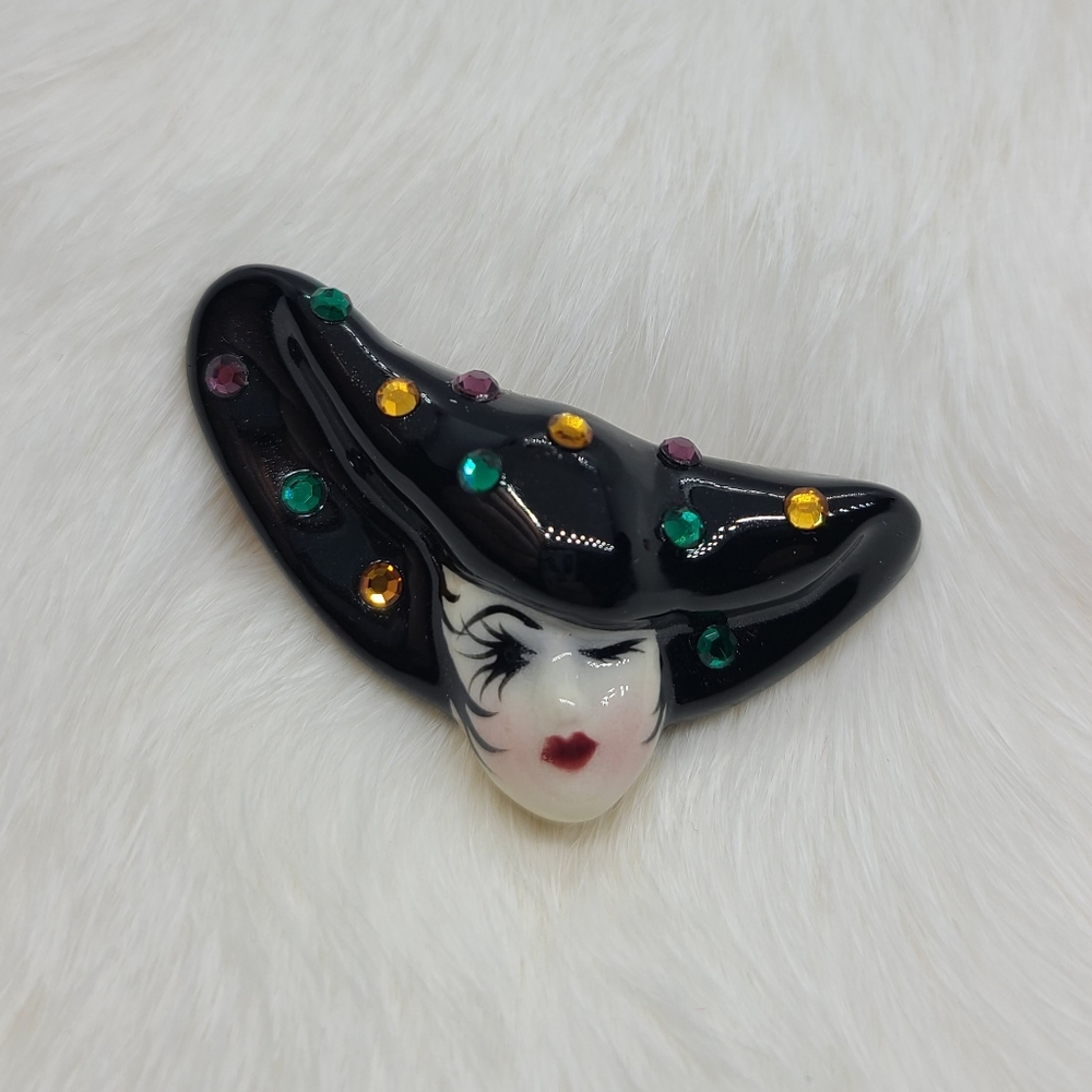 Vintage Fancy Faces Brooch Pin Handpainted Porcelain Mask with Rhinestones - Picture 2 of 5